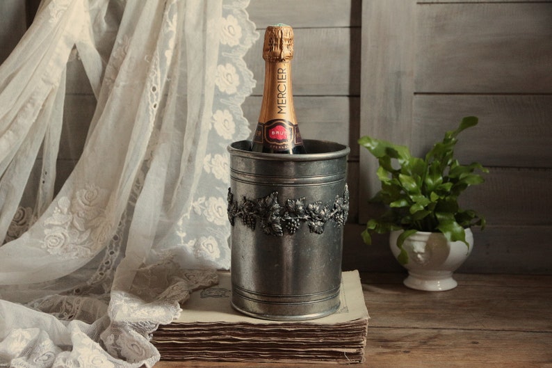 French vintage pewter champagne ice bucket. Pewter wine bucket. Wine cooler. Rustic wedding decor. Christmas. New Years eve image 2