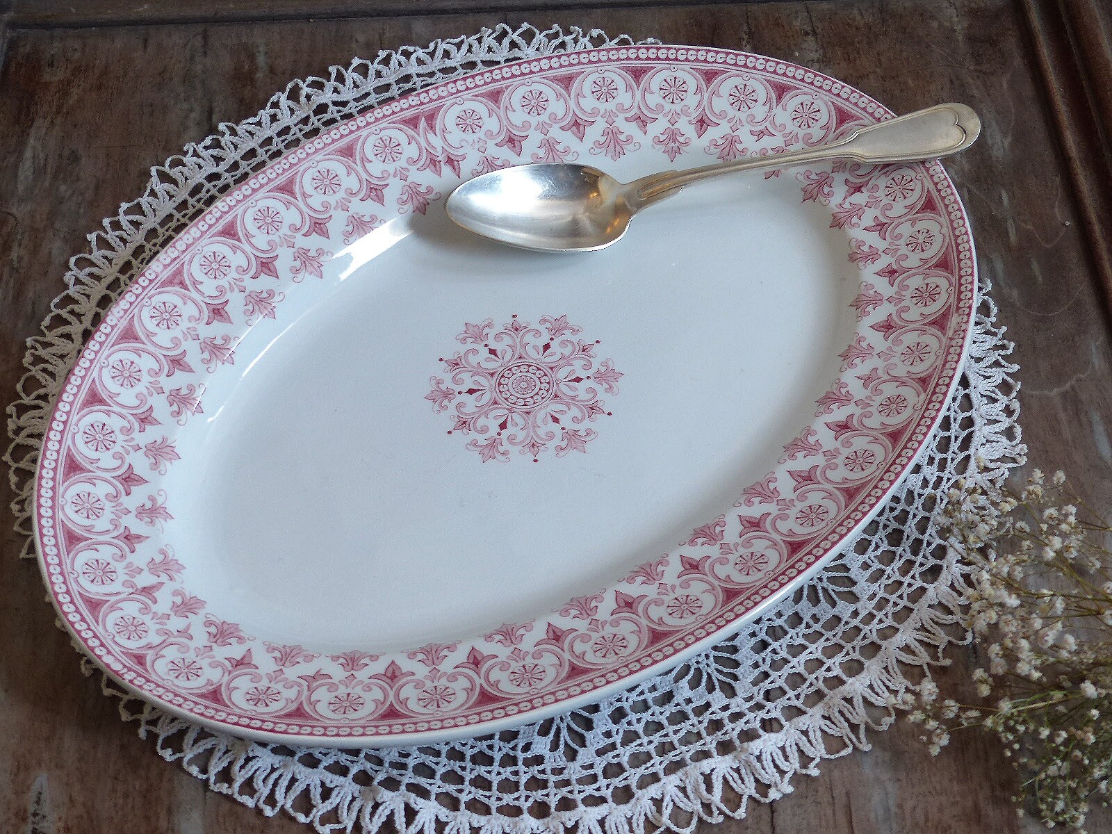 Ancien Français Ironstone Rose Foncé Transferware Grand Plateau Ovale. Plateau de Viande Rouge Trans