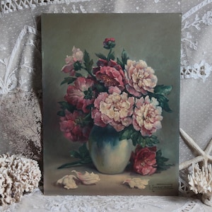 Pintura al óleo vintage de flores francesas. Rosas en tonos pastel polvorientos. Decoración rústica francesa. Pierre Commarmond, 1897-1983.