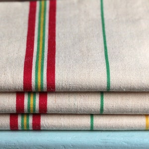 Set of 3 French vintage never used thick metis linen cotton tea towels. Green red yellow stripe Rustic French country ktichen. Farmhouse image 1