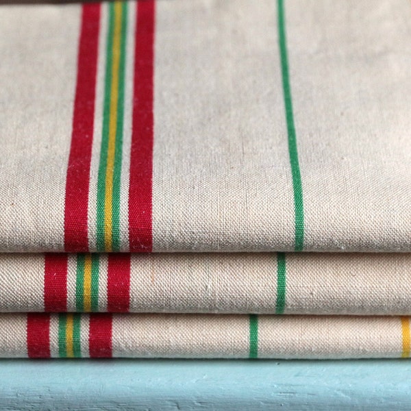 Conjunto de 3 vintage francés nunca usó toallas de té gruesas de algodón de lino metis. Raya verde roja amarilla Cocina rústica francesa. Casa de Campo