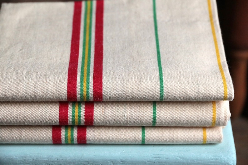 Set of 3 French vintage never used thick metis linen cotton tea towels. Green red yellow stripe Rustic French country ktichen. Farmhouse image 1