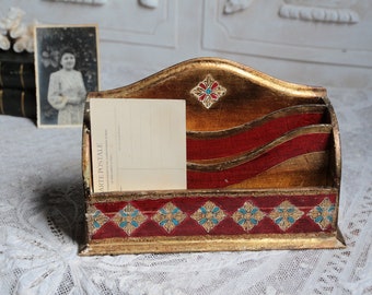 Vintage Florentine desk organizer. Deep red and gold. Italian vintage letter holder. Cottage decor.