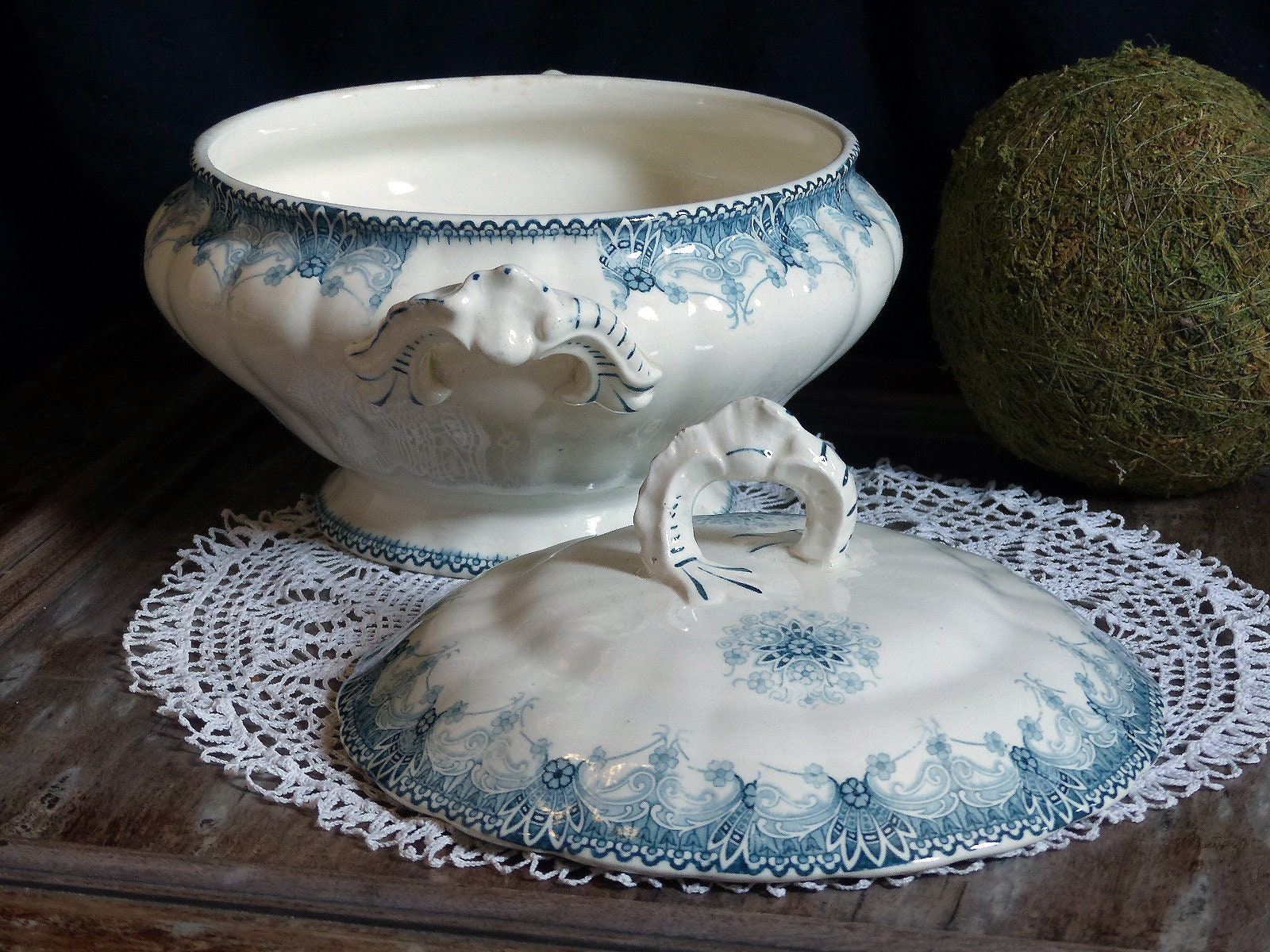 Ancien Français Teal Transferware Tureen. Bleu Sarcelle Transferware. Choisy Le Roi Henriette. Soupe