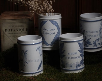 Choose one French vintage pharmacy pots. White and blue ceramic apothecary jar. No lids. Curiosties cabinet. Utensil holder. French brocante