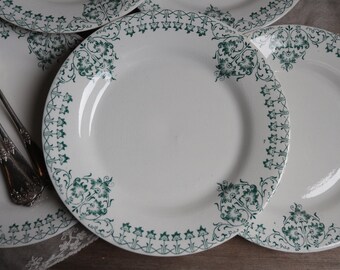 Set of 6 Antique french Art Nouveau green transferware flat dinner plates. French ironstone plates