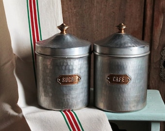 Set of 2 large Antique french art deco aluminum kitchen canisters with brass labels. French spice jars. Rustic kitchen storage. Coffee Sugar