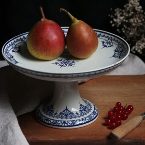 Antique french blue transferware cake stand. Pedestal cake stand. Compote dish. Bakery. Pastry stand. Pie stand. Fruit stand
