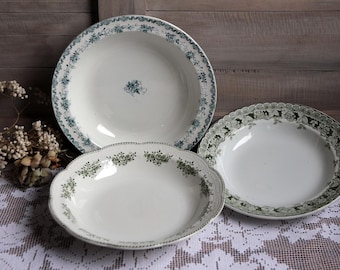 Choose ONE Antique french green transferware deep serving platter. Shallow serving bowl Green Cottage kitchen shabby style