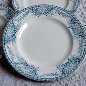 Set of 3 French antique ironstone teal blue transferware dinner flat plates. Blue teal transferware. Jeanne d&#39;Arc living. French country