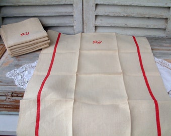 One French vintage linen high quality grain sack tea towel red stripe and monogram. Rustic french country kitchen.  Never used.  Monogram RJ