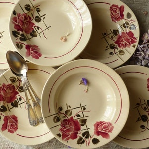 Set of 6 French vintage stencilware deep plates. Soup plates. Dark rose, brown, beige. Rose stencilware pasta bowls. French cottage kitchen