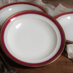 Set of 4 french vintage Limoges porcelain deep plates. Raspberry pink. Soup plate. Pasta bowl. Salad plate. 22kt agate polished gold detail