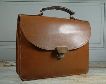 French vintage small genuine leather briefcase schoolbag. Micro laptop case. Tablet. E-reader. Ipad. Rustic vintage school bag.