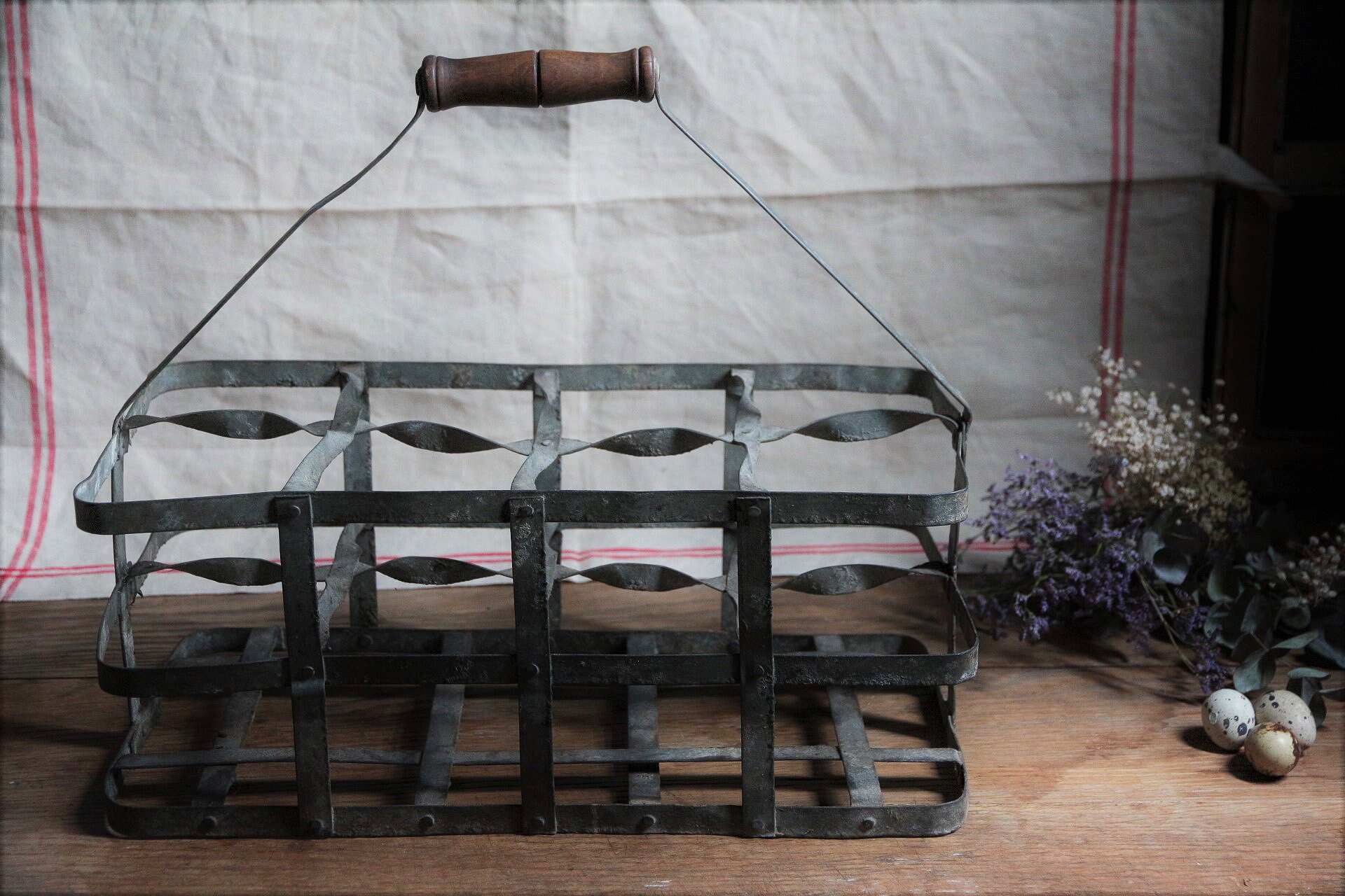 Antique French Zinc Bottle Carrier, Wood Handle, Farmhouse Kitchen