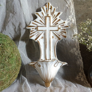 Antique french porcelain holy water font with gilded details. Holy cross. Parisian porcelain late 1800s. Christian home. Religious decor
