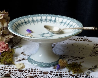 Antique french green teal transferware cake stand. Pedestal Cake stand. Compote dish. Pastry display. Teal Green transferware.