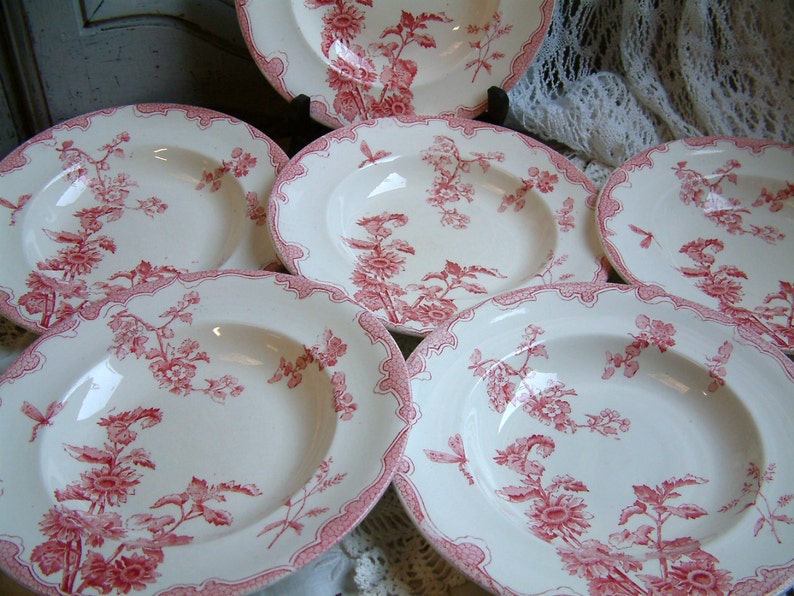 Jeanne d/'Arc living Set of 6 Antique french ironstone red transferware soup plates French transferware Gustavian home french shabby chic