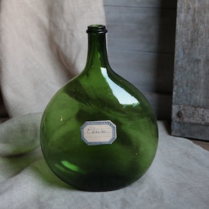 Antique French Green Glass Demijohn Wine Bottle, Mouth Blown 2 Liter Jug