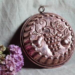French vintage copper cake pan. Grapes pear peach fruits motif Heavy weight copper cake mold French copper mold Rustic farmhouse kitchen