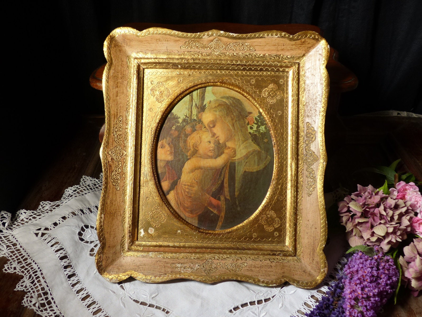 Bois Doré Florentin Vintage Vierge à L'enfant. Décor Renaissance Botticelli. Français Minable. de No