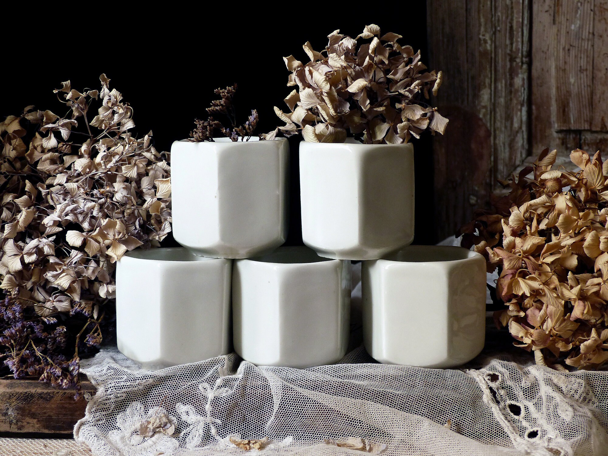 Ensemble de 5 Français Pots Yogourt en Porcelaine Épais Antiques. Français Cuisine Campagne. Mi-Sièc