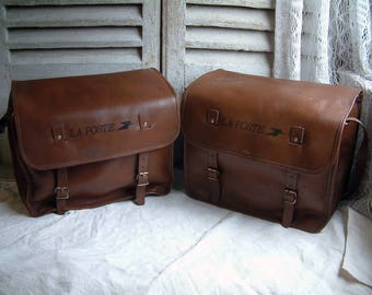 Set of 2 French vintage genuine leather large model postal bike panniers. Leather bike panniers Scooter Motorcycle panniers. Messenger bag.