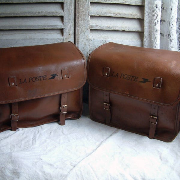 Set of 2 French vintage genuine leather large model postal bike panniers. Leather bike panniers Scooter Motorcycle panniers. Messenger bag.
