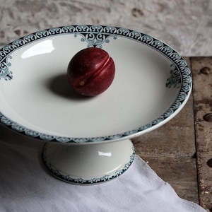 Antique french blue transferware cake stand. Pedestal cake stand. Compote dish. Bakery. Pastry stand. Pie stand. Fruit stand