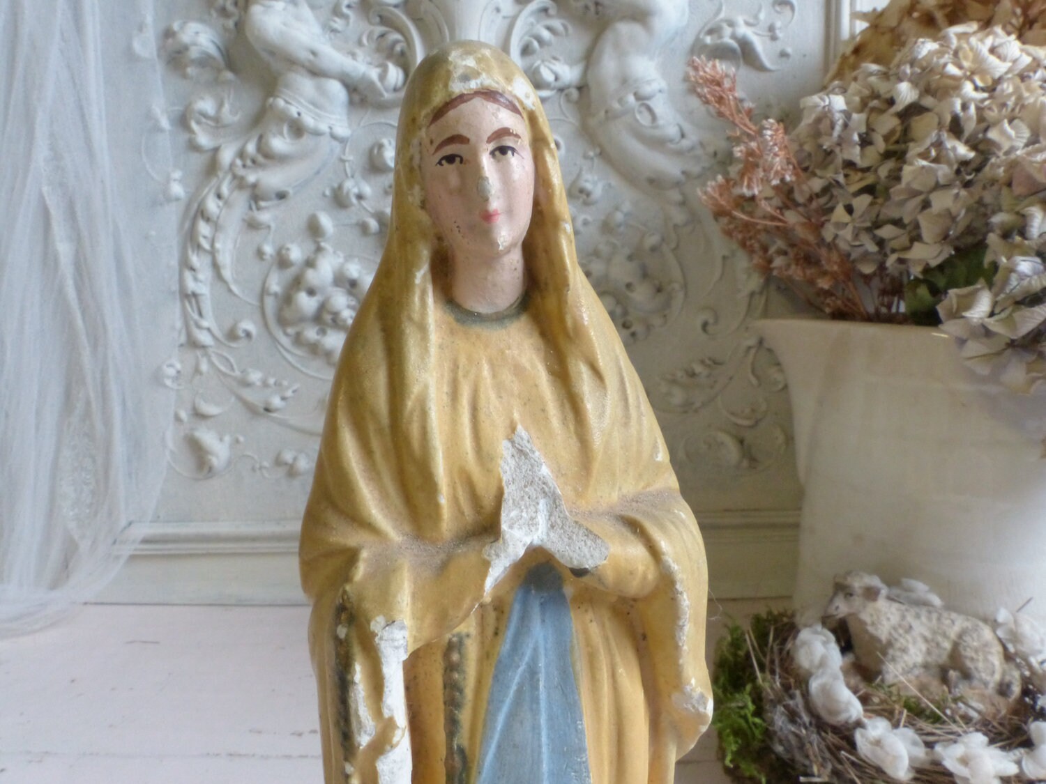 SET OF 3 French Blessed Mother Virgin Mary Statues, 3 Early 20th