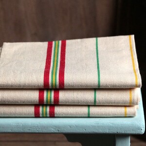 Set of 3 French vintage never used thick metis linen cotton tea towels. Green red yellow stripe Rustic French country ktichen. Farmhouse image 4