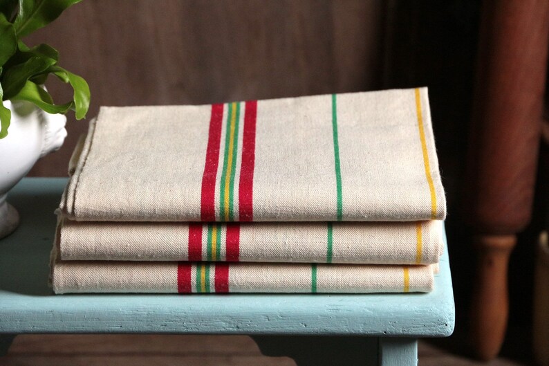 Set of 3 French vintage never used thick metis linen cotton tea towels. Green red yellow stripe Rustic French country ktichen. Farmhouse image 4