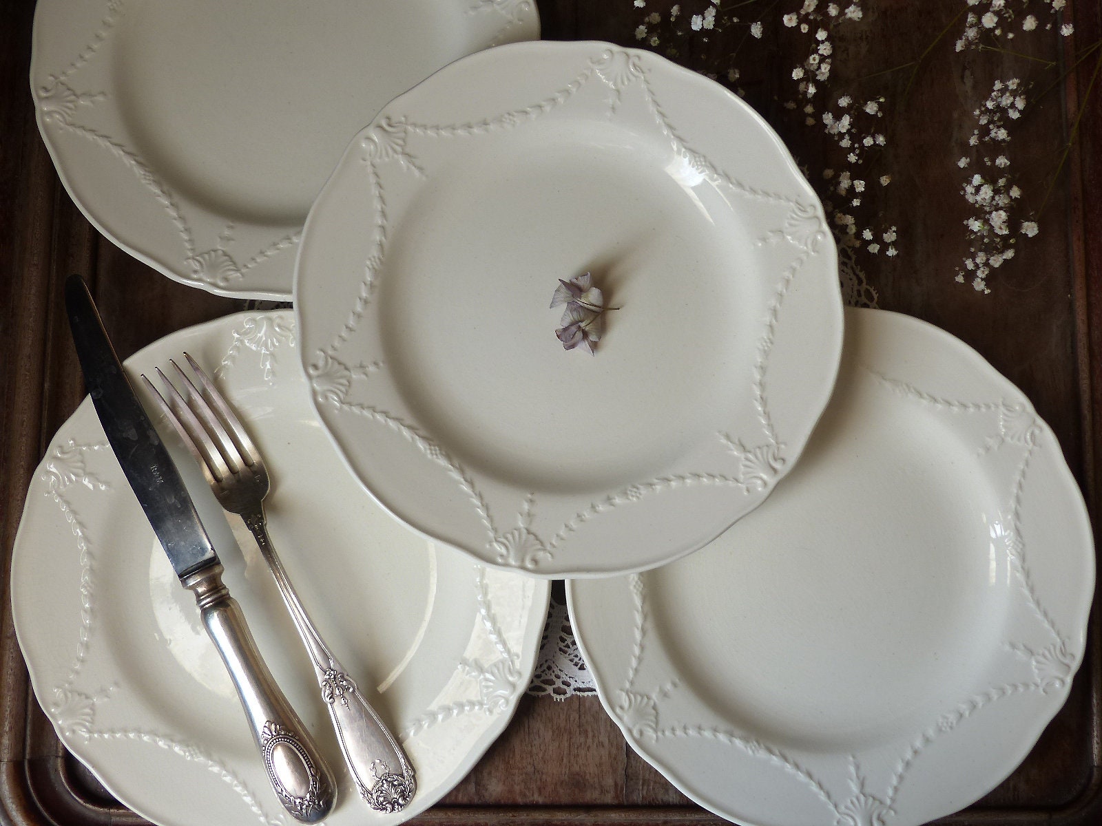 Rare Set de 4 Anciennes Plaques Crème Anglaise Mintons Bordure Guirlande Surélevée Stamp Date 1908 S