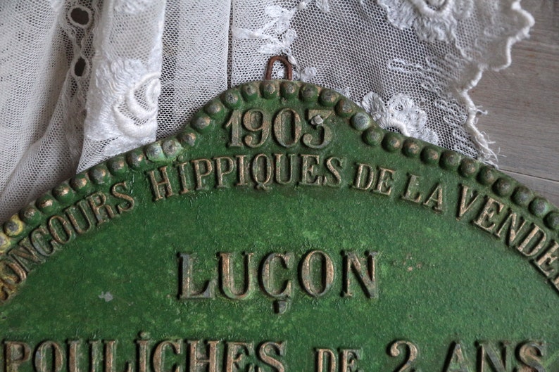 Antique french equestrian prize award plaque for horses. Dark faded green. Rustic Farmhouse Shabby french Jeanne d'Arc living image 3