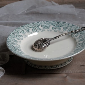 Antique french green transferware pedestal cake stand. Art Nouveau decor. Footed dessert plate. Compote dish. Choisy le Roi.