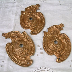 Antique French GILDED bronze large furniture escutcheons. Set of 3. Antique hardware. Louis XV style. furniture pediment. Salvage hardware.