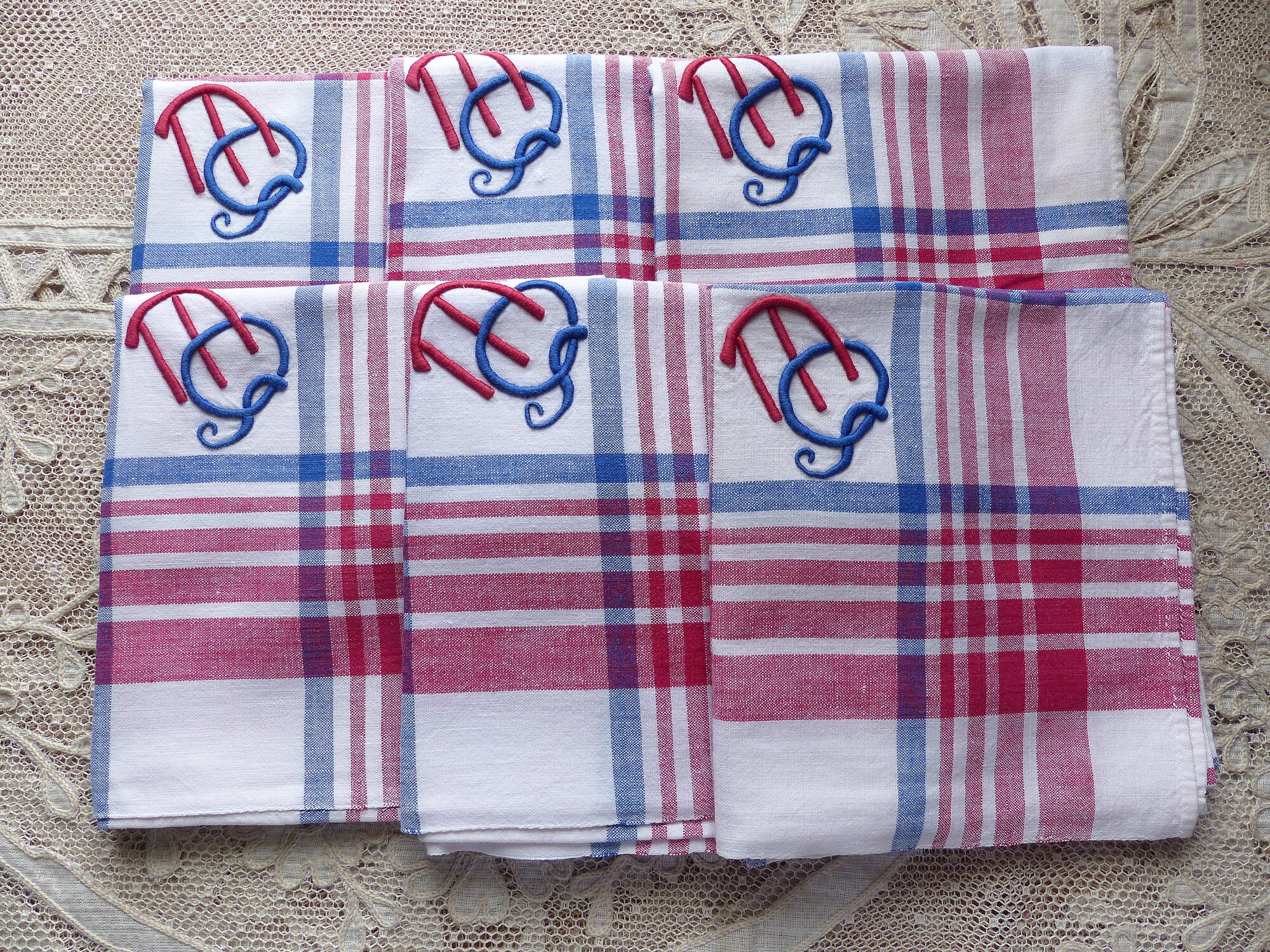 Ensemble de 6 Serviettes Français Coton Du Milieu Siècle. Serviettes en Monogramme Bleu Blanc Rouge.