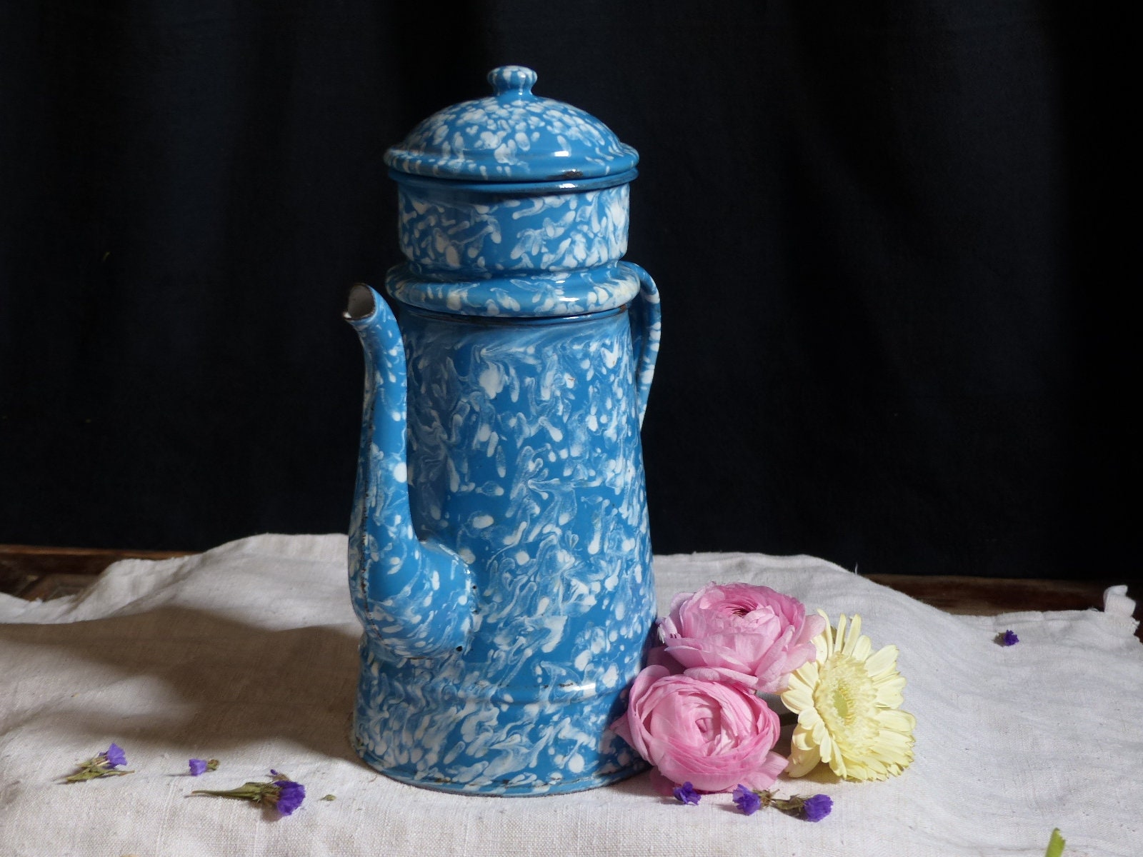 Français Cafetière en Émail Vintage. Français Granit Marbre Bleu Pays. Décor de Cuisine Rustique Fer