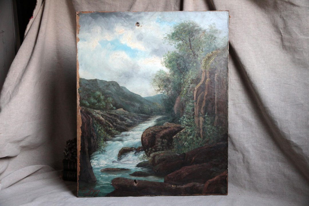アンティークフランス風景油絵、急流、署名・日付入り、1896年 - Etsy 日本