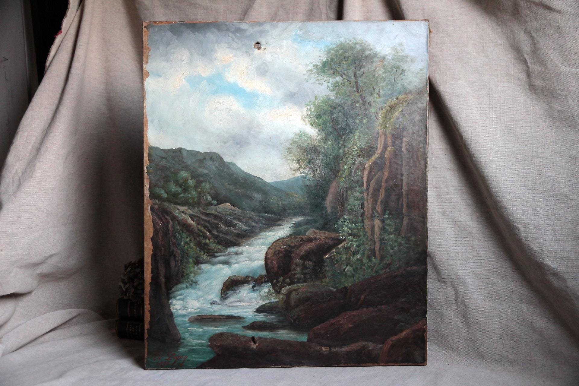 アンティークフランス風景油絵、急流、署名・日付入り、1896年 - Etsy 日本