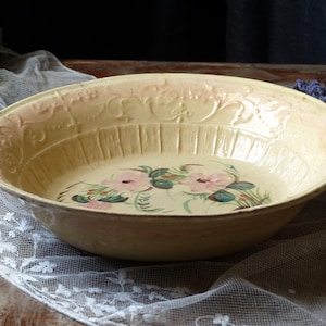 Antique french handpainted creamware serving bowl. Shabby chic dish. Cream ironstone. Pale yellow. Pink flowers. Cottage kitchen