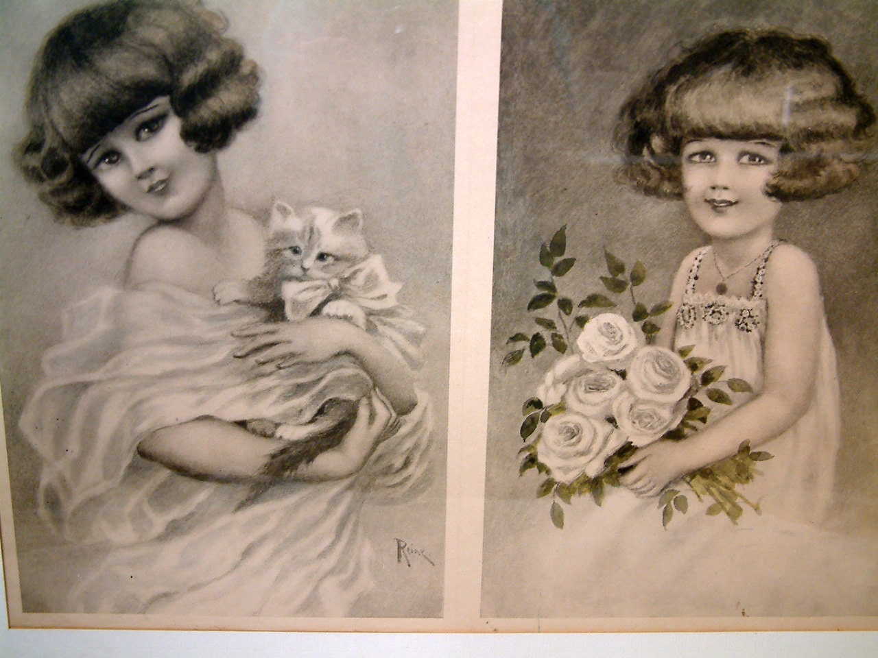 Français Vintage Grande Lithographie de Petites Filles avec Un Chaton et Fleurs. Ère Des Années 1920