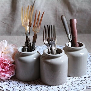 Set of 3 Vintage French Stoneware Jar Set, Beige Earthenware Kitchen Utensil Holders Paintbrush art studio organisers