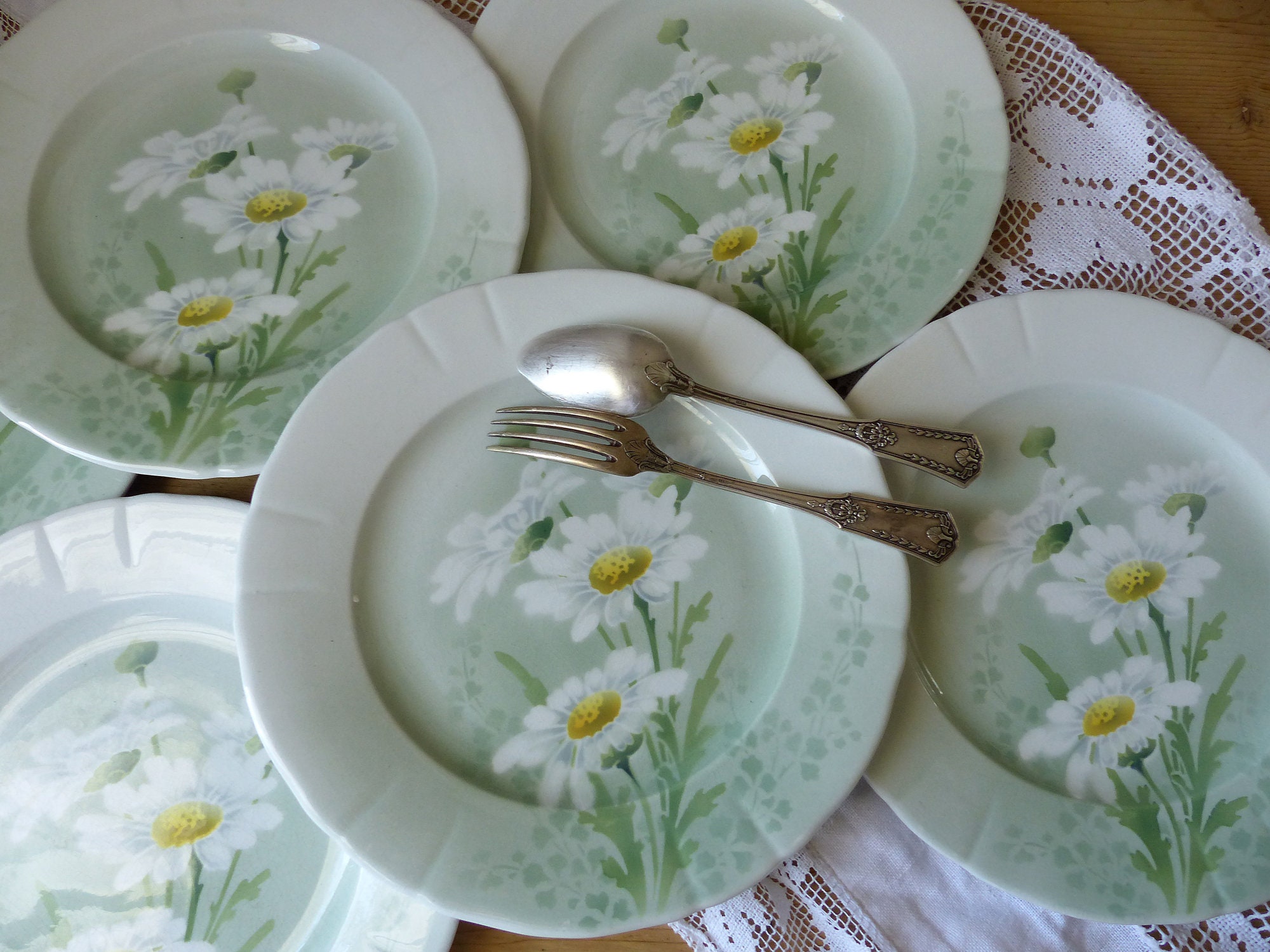 Ensemble de 6 Assiettes à Dessert en Pochoir Antique Français. Pochoir Vert Aérographe. Logiciel Tra