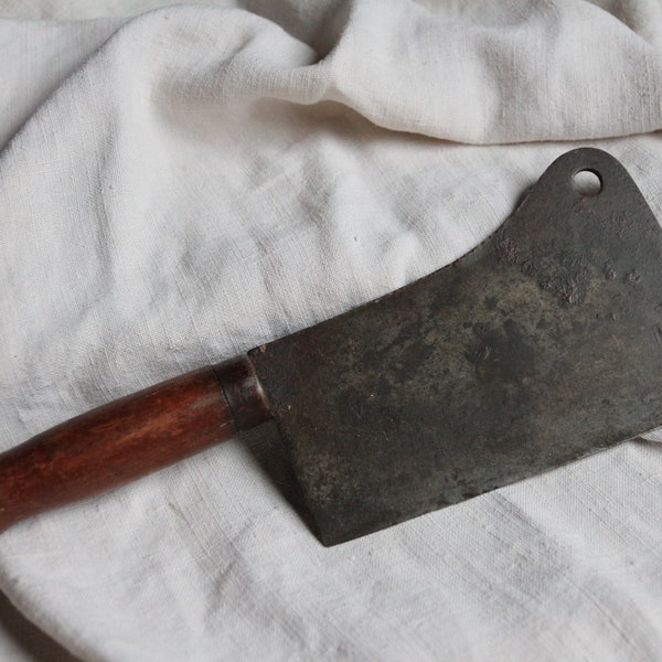 Antique french cleaver knife. Wood handle. Antique meat cleaver Chopping knife. Forged steel blade chopper.