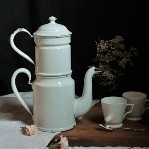 French vintage white enamel coffee pot. Shabby white decor. French Nordic decor. French country. Rustic farmhouse kitchen decor