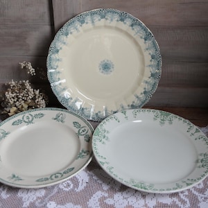 Choose ONE Antique french teal blue or green transferware round serving platter. Large serving platter Green Cottage kitchen shabby style