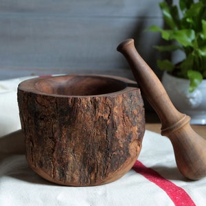 Vintage french Olive wood rustic mortar and pestle. Hand carved Olive wood with bark. Photo props wooden bowl. Rustic french country kitchen