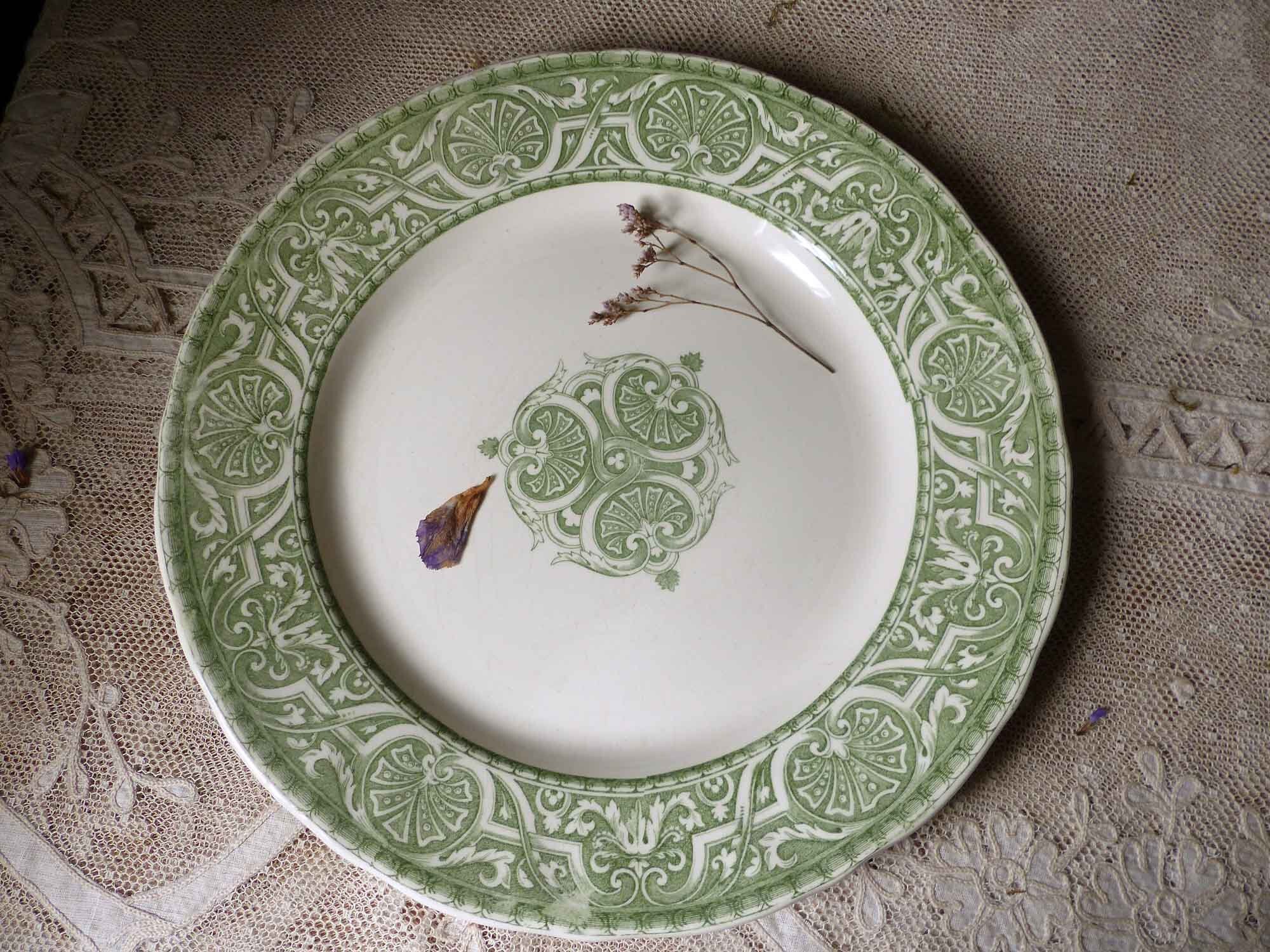 Antiquité Français Plateau de Service Rond Transferware Vert. Vert Sauge Herbe Vert Clair Décor Styl