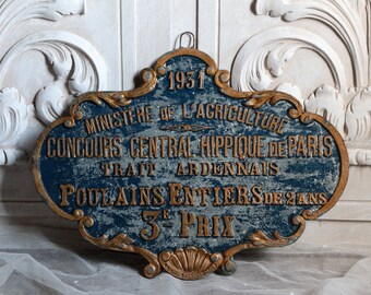 Antique french large agricultural prize award plaque for horses. Equestrian dark blue gold Rustic Farmhouse Shabby french country decor